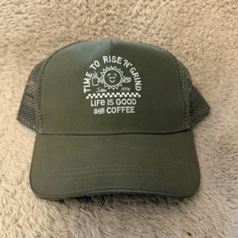 Life is Good Trucker Hat Unisex OS Olive Green Rise N Grind Coffee New